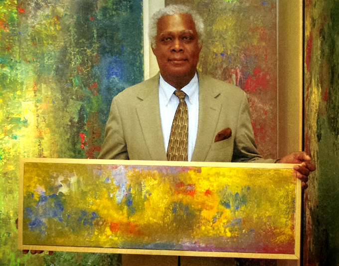 Winston Branch with his paintings in Carmel Magazine, CA, 2008