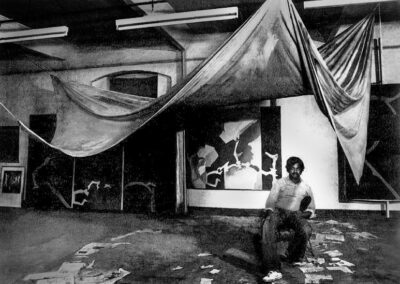Winston in studio, with hanging installation, Berlin, Germany, 1976
